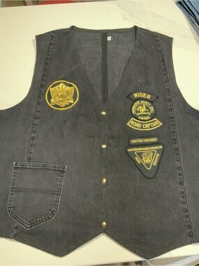 VTG Motorcycle Black Rider Vest with Gold Embroidered Patches